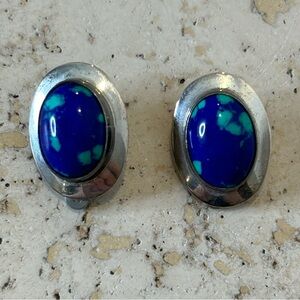 Sterling Silver Azurite Vintage Clip on Earrings